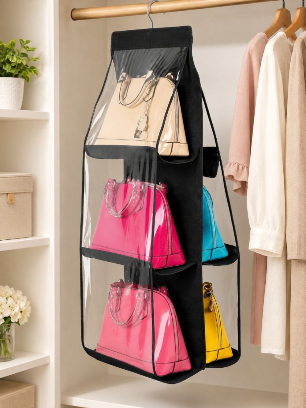 6 Pocket Hanging Handbag Organizer for Closet, Black Clear Storage Foldable